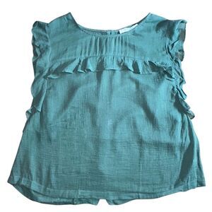 Piperlime Sage Green Ruffled Top Sz L Button Back Blouse Fairy Flutter Sleeves